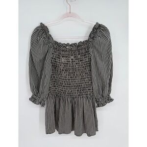 Max Studio Womens Gingham Smocked Puff Sleeve Peplum Top Black White Sz XL
